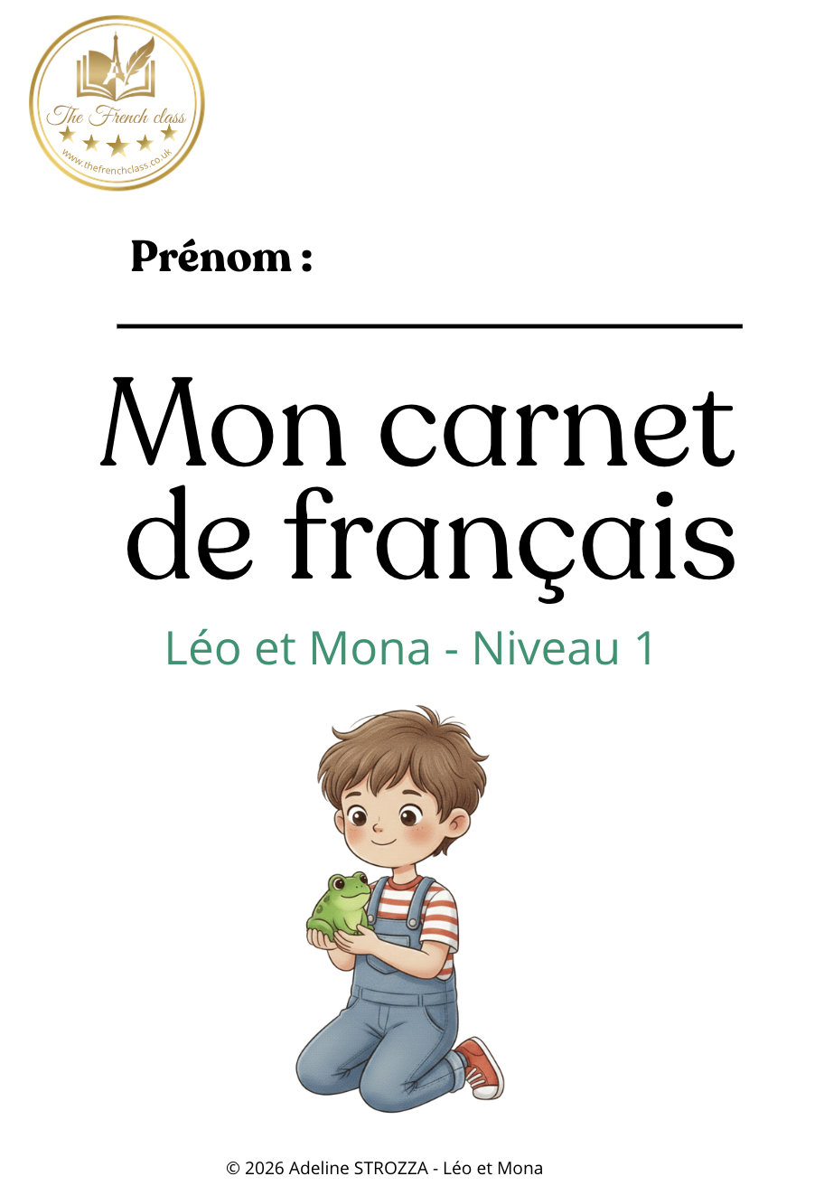 French language learning booklet cover featuring a cartoon boy kneeling and holding a frog, with French text and a logo at the top left corner.
