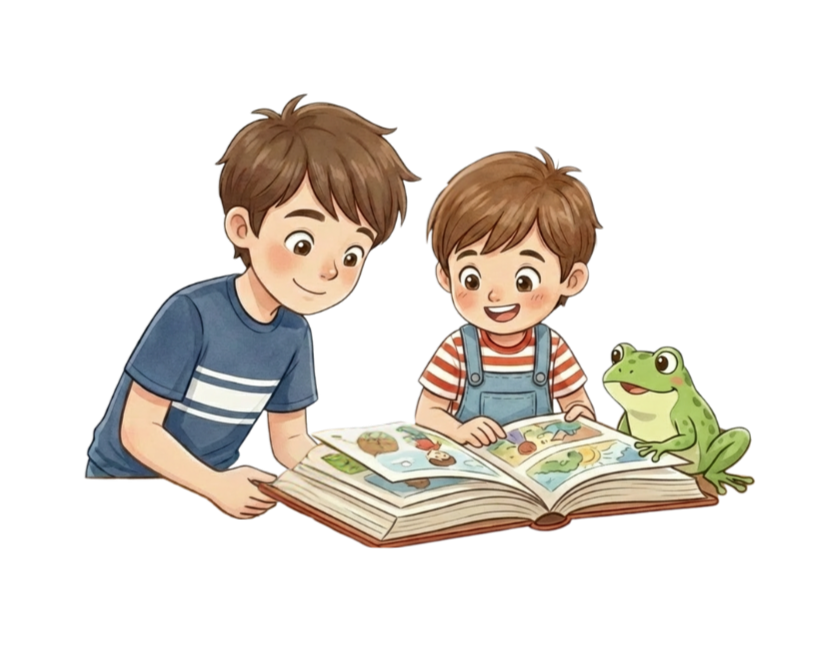 Two boys reading a picture book together with a green frog sitting on the book.