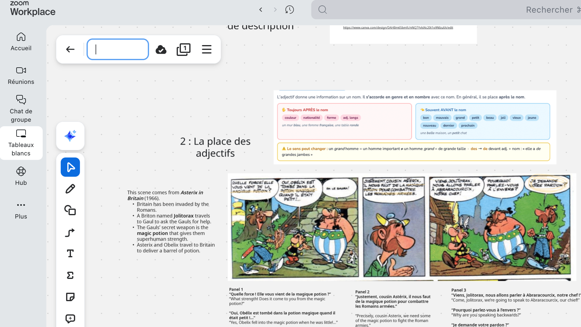 Screenshot of a digital notebook page with text and a comic strip from Asterix in Britain. The page discusses adjectives and includes a colorful comic strip featuring characters from Asterix.