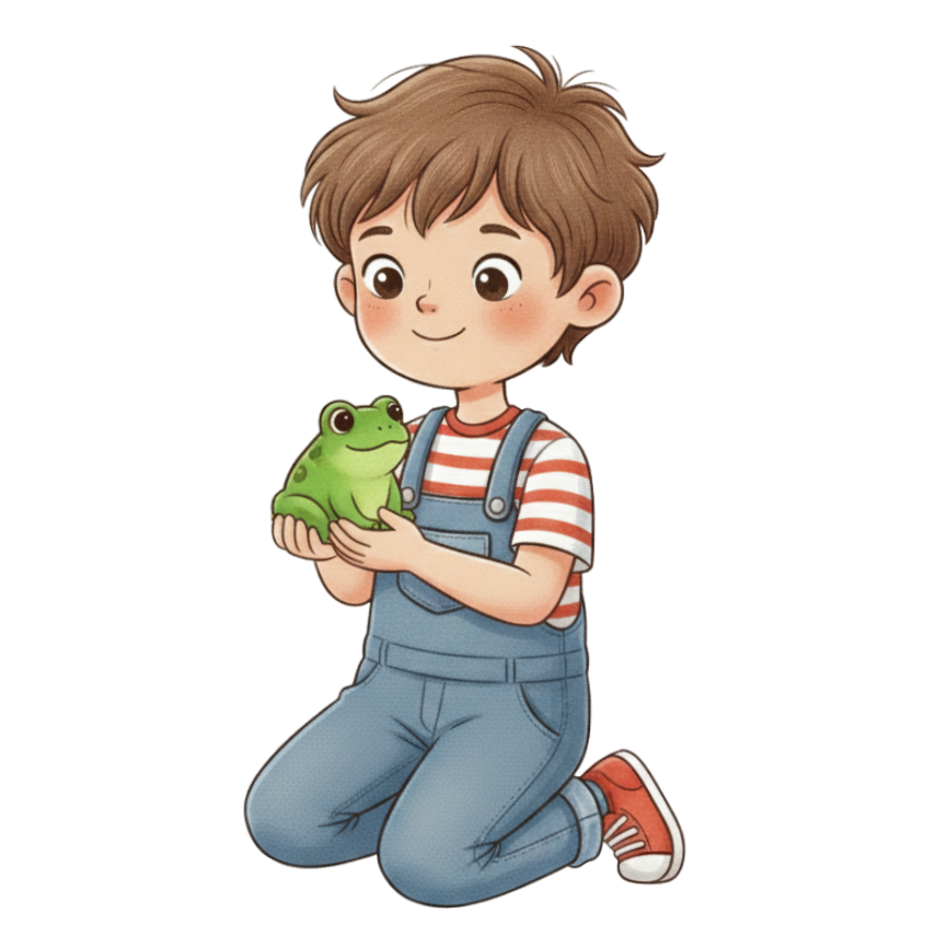 Kneeling boy with light brown hair, striped red and white t-shirt, denim overalls, and red sneakers, holding a green frog in his hands.