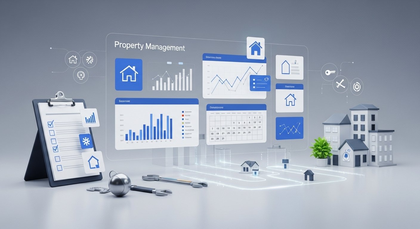 Digital visualization of property management with charts, graphs, and a calendar, surrounded by miniature house models, a clipboard, and tools.