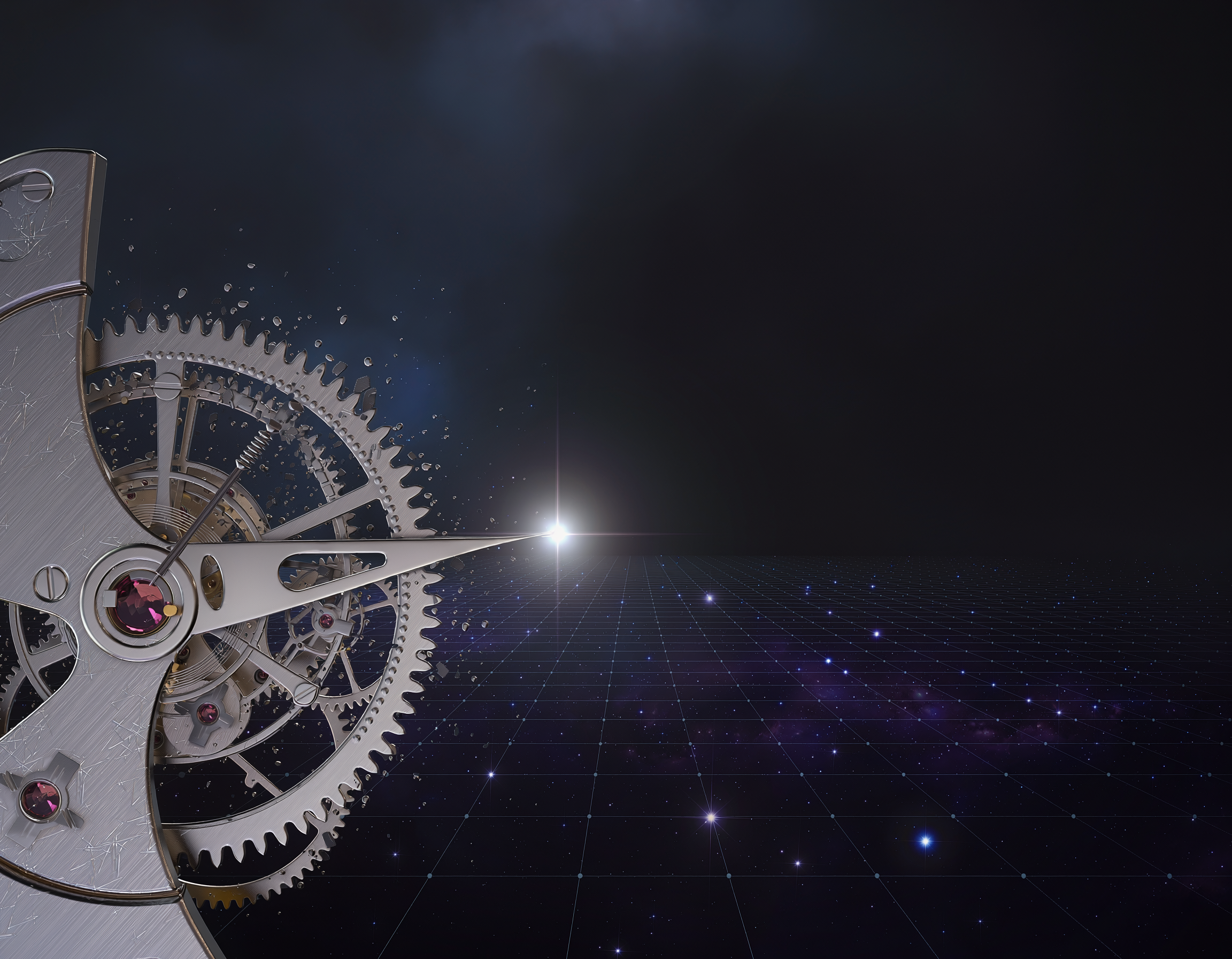 Close-up of a mechanical watch movement with gears and springs against a background of stars and a digital grid in space.