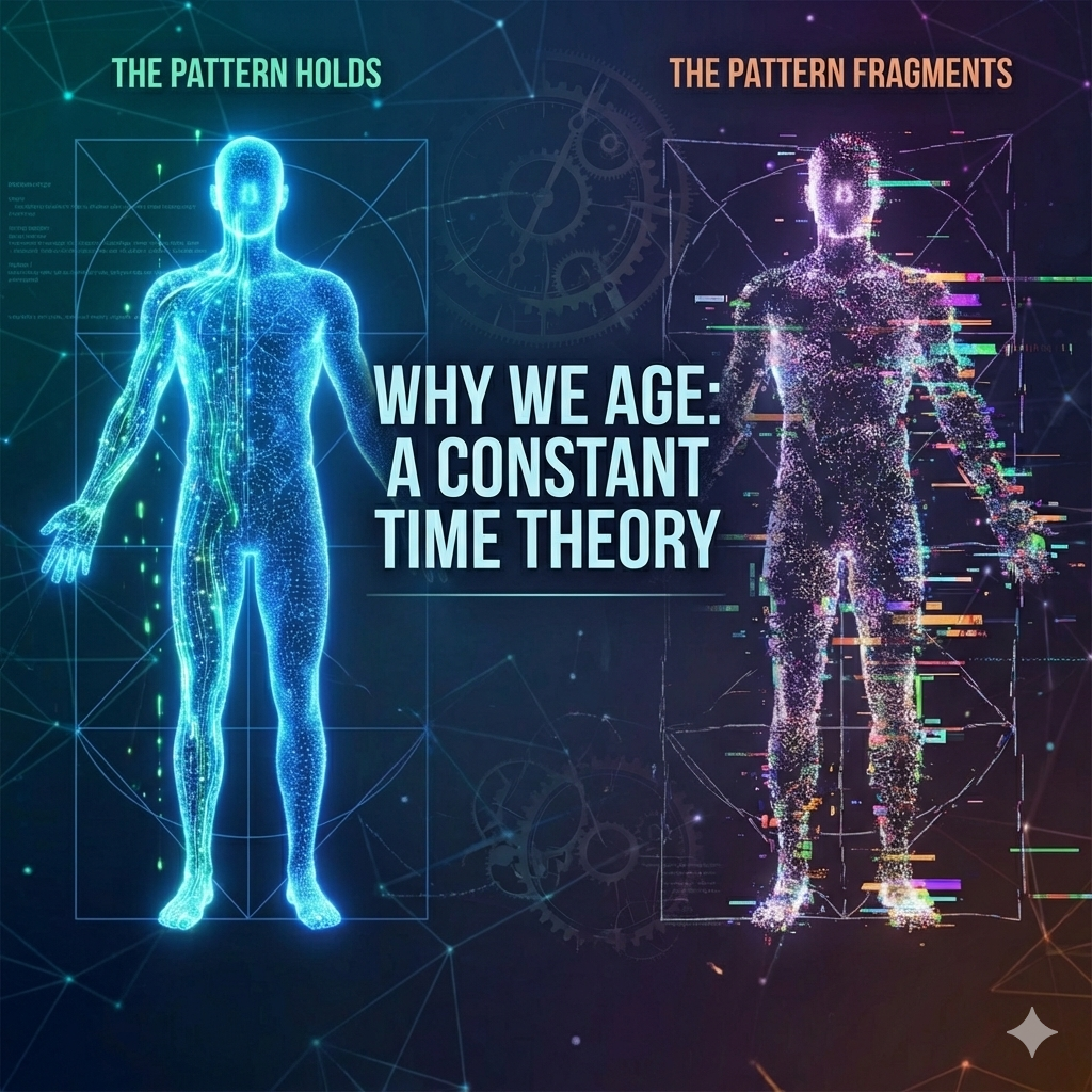 Illustration of a human figure with digital and glowing blue elements on the left and a pixelated, data-like human figure on the right, with text explaining the pattern holds and pattern fragments, and a title in the center: 'Why We Age: A Constant Time Theory'.