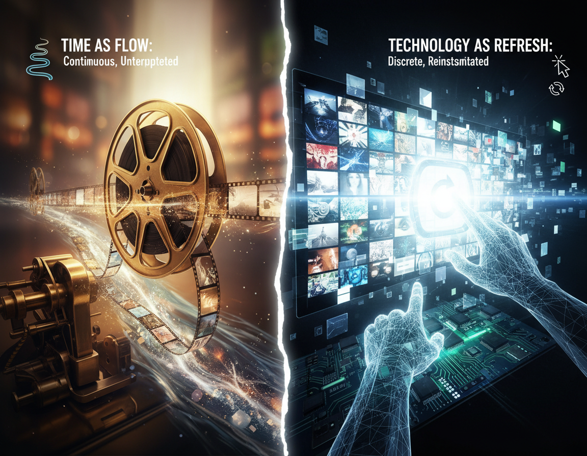 A visual comparison between traditional film technology on the left and modern digital technology on the right, with the left showing film reels and the right showing a digital touchscreen interface.