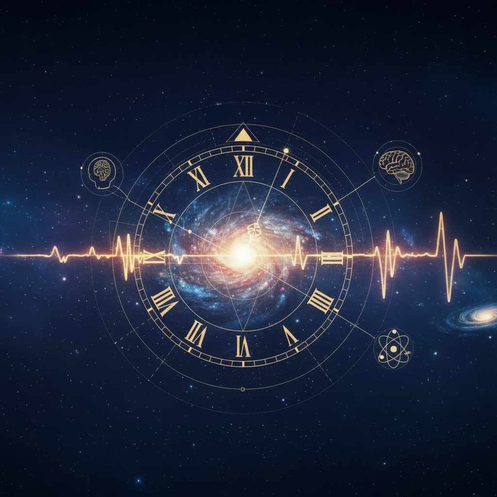 A cosmic clock with Roman numerals overlaid on a galaxy background, featuring a heart rate line, brain icons, an atom, and an atomic model.