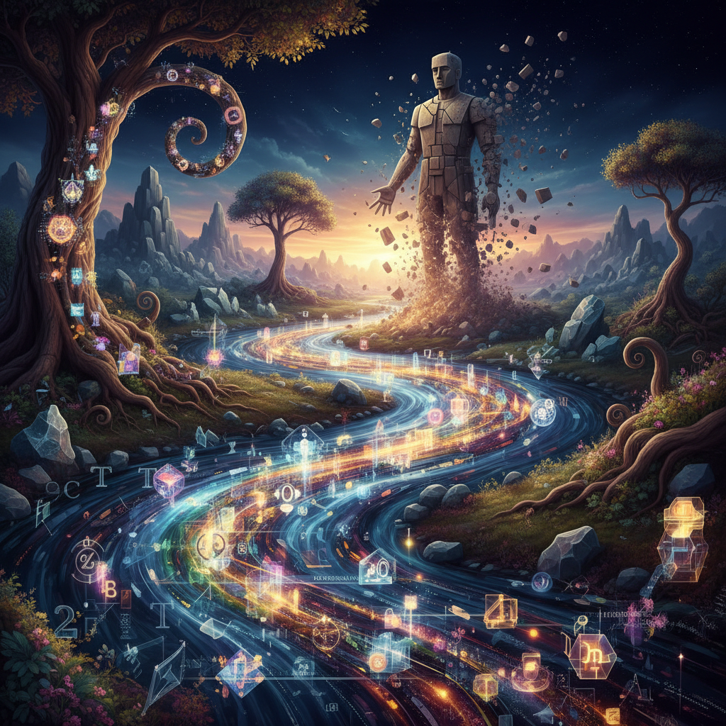 A surreal digital artwork depicting a giant humanoid figure made of stone emerging from the ground in a mystical landscape at sunset. The scene includes twisting rivers, glowing constellations, and floating digital symbols, with trees and mountains in the background.