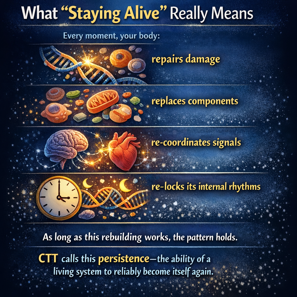 An infographic explaining what staying alive really means, illustrating how the body repairs damage, replaces components, re-coordinates signals, and re-locks internal rhythms through a pattern of DNA and biological images against a starry background.