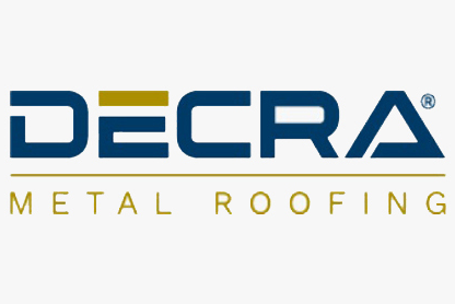 Decra Metal Roofing logo with blue and gold text on a white background.