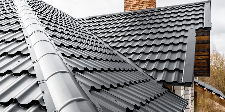 Close-up of black metal roof with multiple pitched sections and a metal chimney cap.