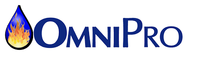 OmniPro logo with flame and water droplet design