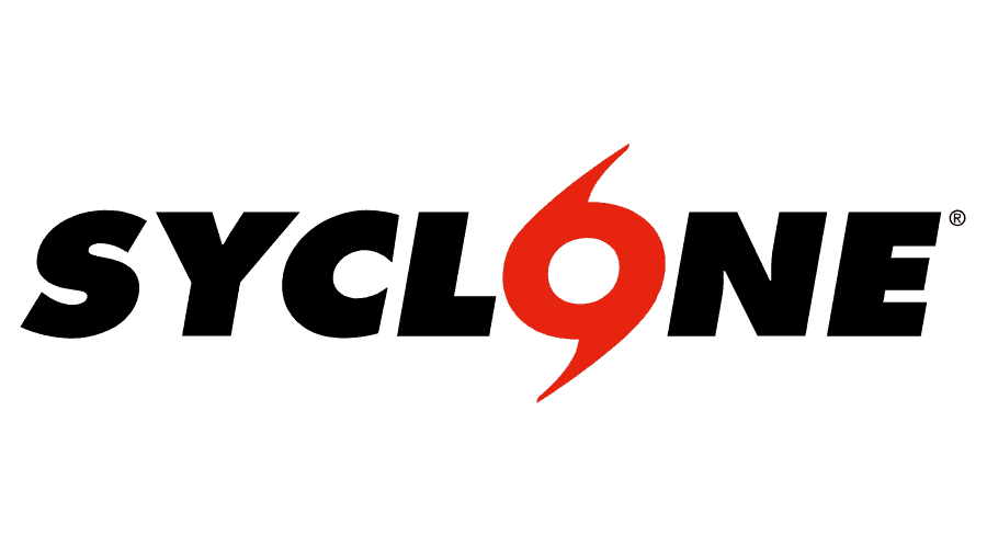 The logo of cyclone in black bold letters with a red cyclone graphic replacing the letter 'I'.