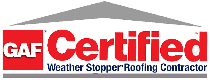 GAF Certified Weather Stopper Roofing Contractor logo with a black and gray triangular roof graphic.