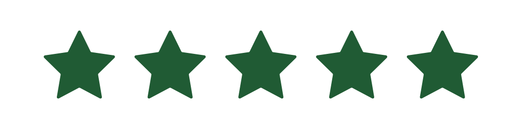 Five green stars aligned in a row on a white background.