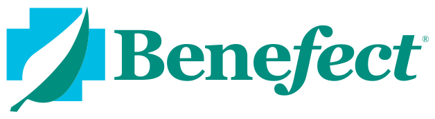 The Benefit logo featuring a teal medical cross with a stylized teal leaf in the center and the word 'Benefit' in teal text.