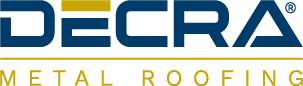 Logo of Decra Metal Roofing in blue and yellow text