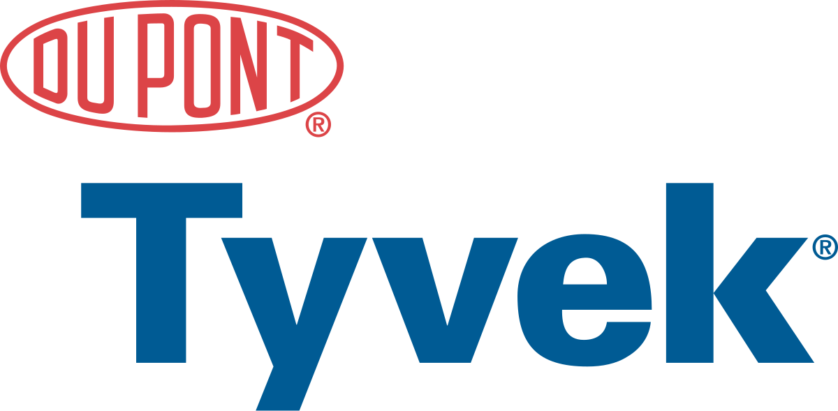 DuPont Tyvek logo, a durable, lightweight, and breathable nonwoven material made from high-density polyethylene (HDPE) fibers.