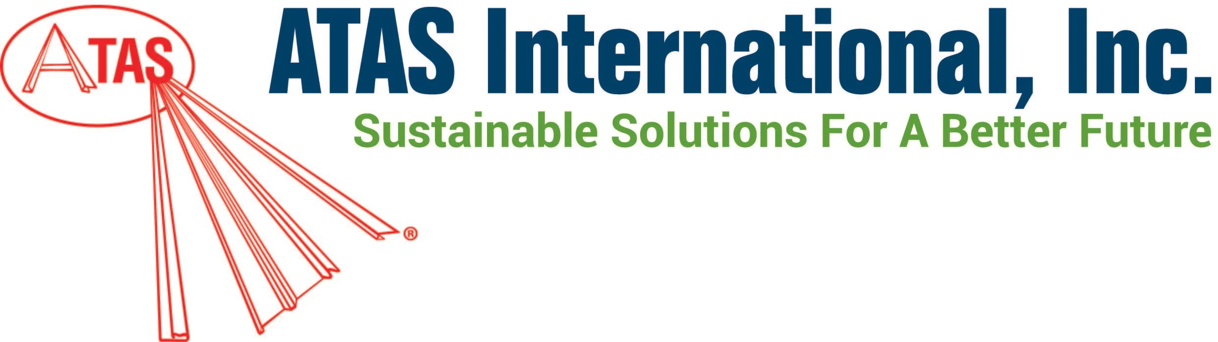 Logo of ATAS International, Inc. with red stylized graphic and text, green slogan 'Sustainable Solutions For A Better Future'