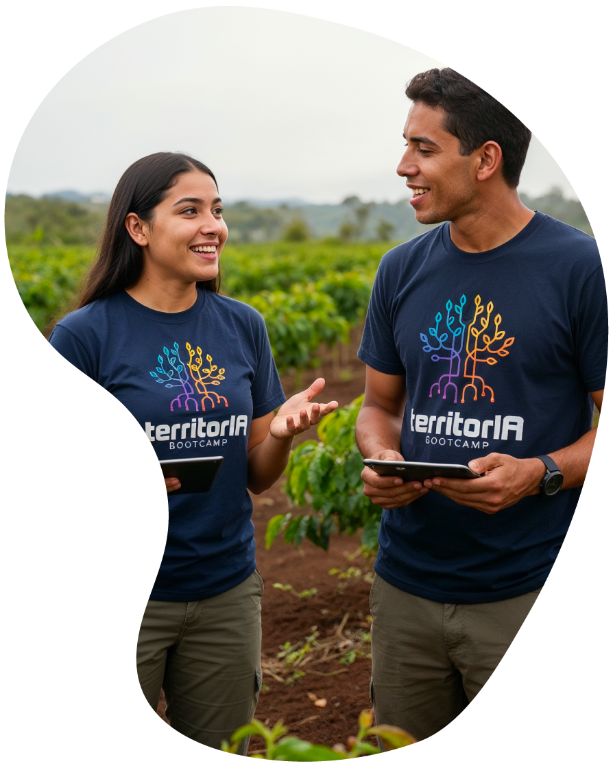 Participantes de TerritorIA Bootcamp aplicando tecnología e innovación en el campo agrícola.