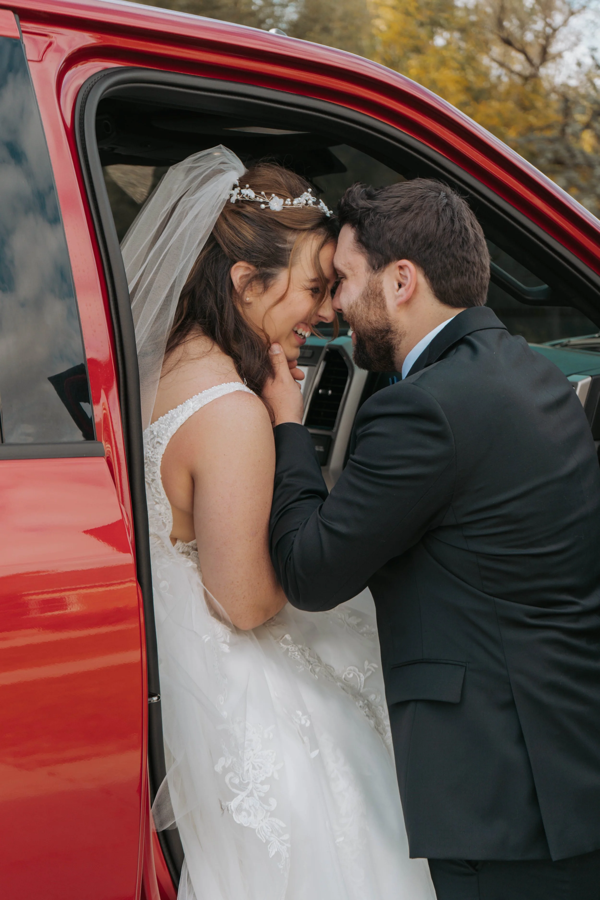 bride and groom driving to reception