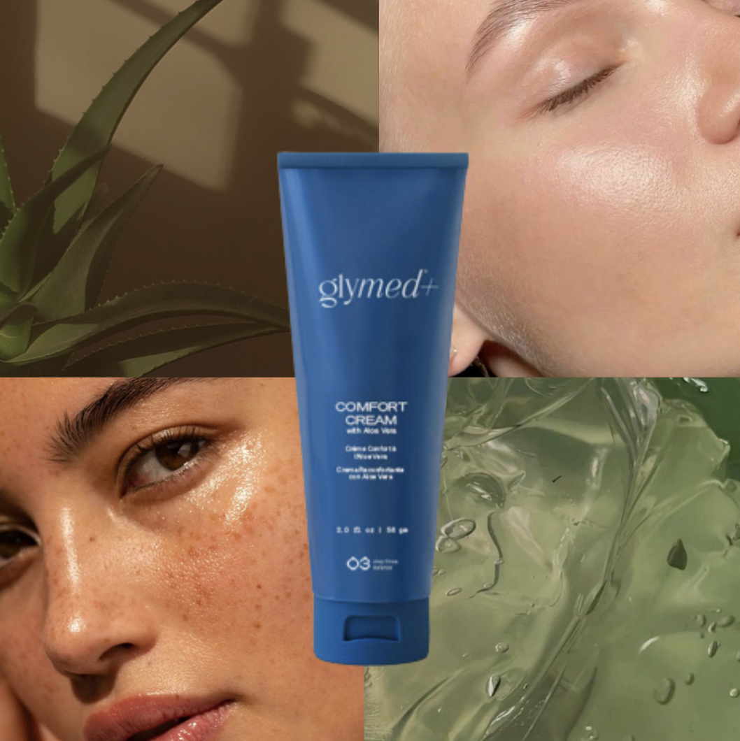 A collage featuring a blue tube of Glymed+ Comfort Cream with Aloe Vera, a close-up of a woman with clear skin, another woman with freckled skin, a piece of aloe plant, and a close-up of clear gel or aloe vera.