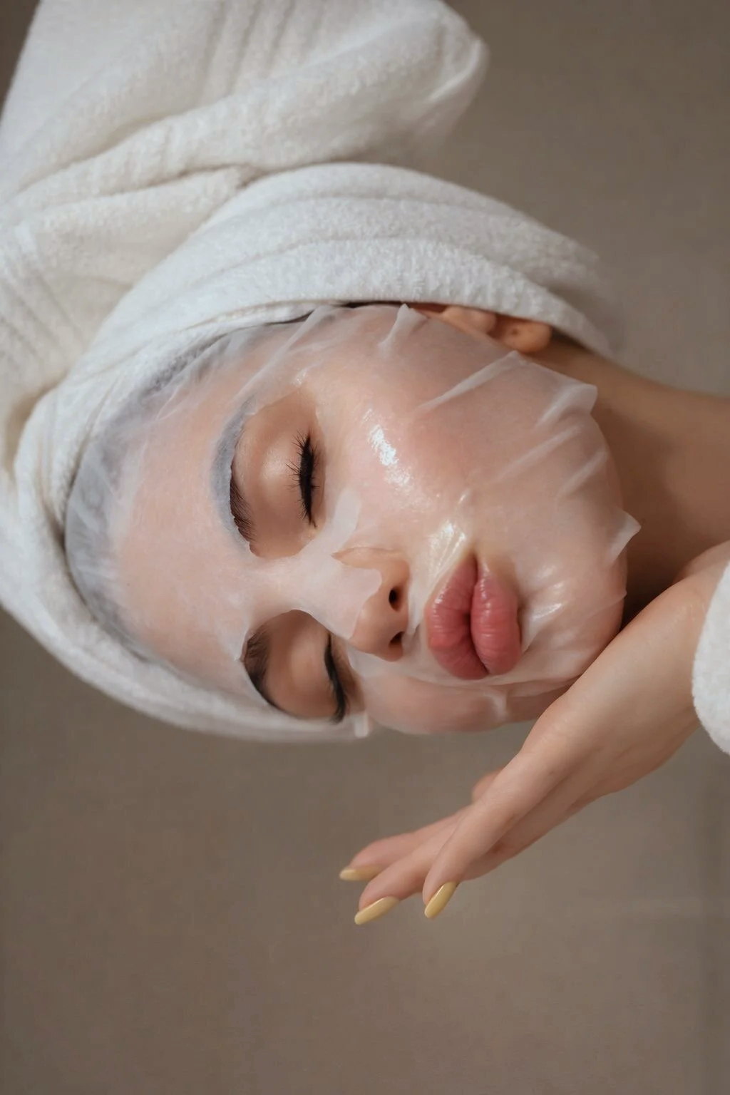 A woman with a sheet mask on her face, wrapped in a towel, relaxing with her eyes closed and hand gently touching her cheek.
