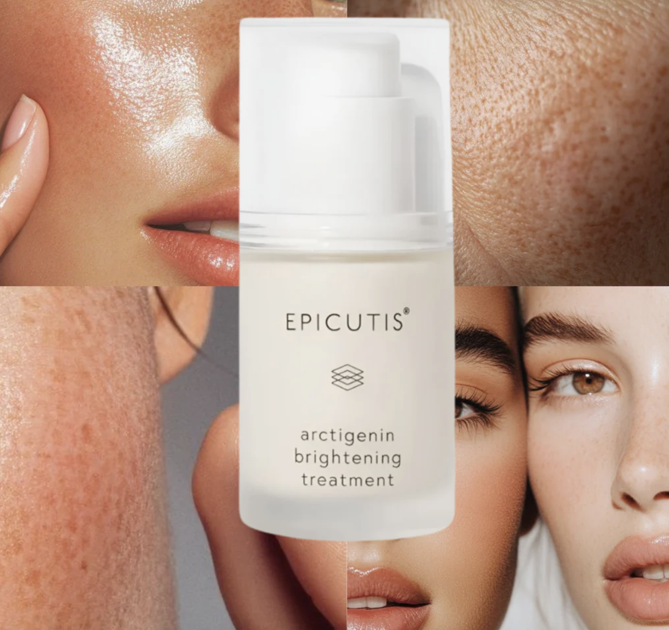 Collage of diverse faces with clear skin, surrounding a white bottle labeled Epicutis Arctigenin Brightening Treatment.