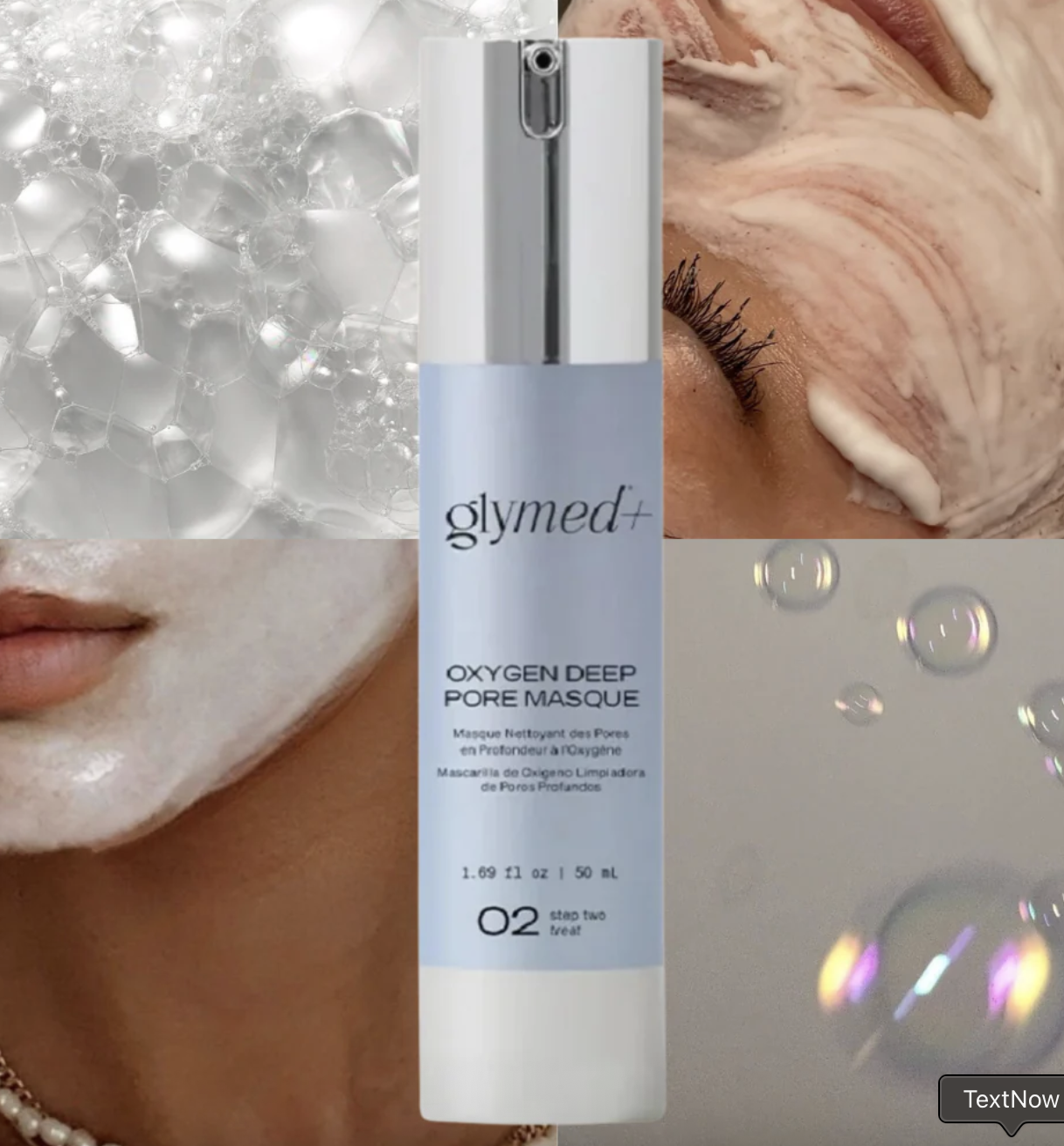 A skincare product bottle labeled 'glymed+ oxygen deep pore masque' with bubbles, soap suds, a woman's face with closed eyes, and soap bubbles in the background.