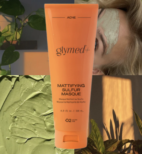 A person with blonde hair applying a green clay mask to their face, with a tube of Glymed+ Mattifying Sulfur Masque in front of them, alongside a close-up of the green clay product and some green plants in the background.