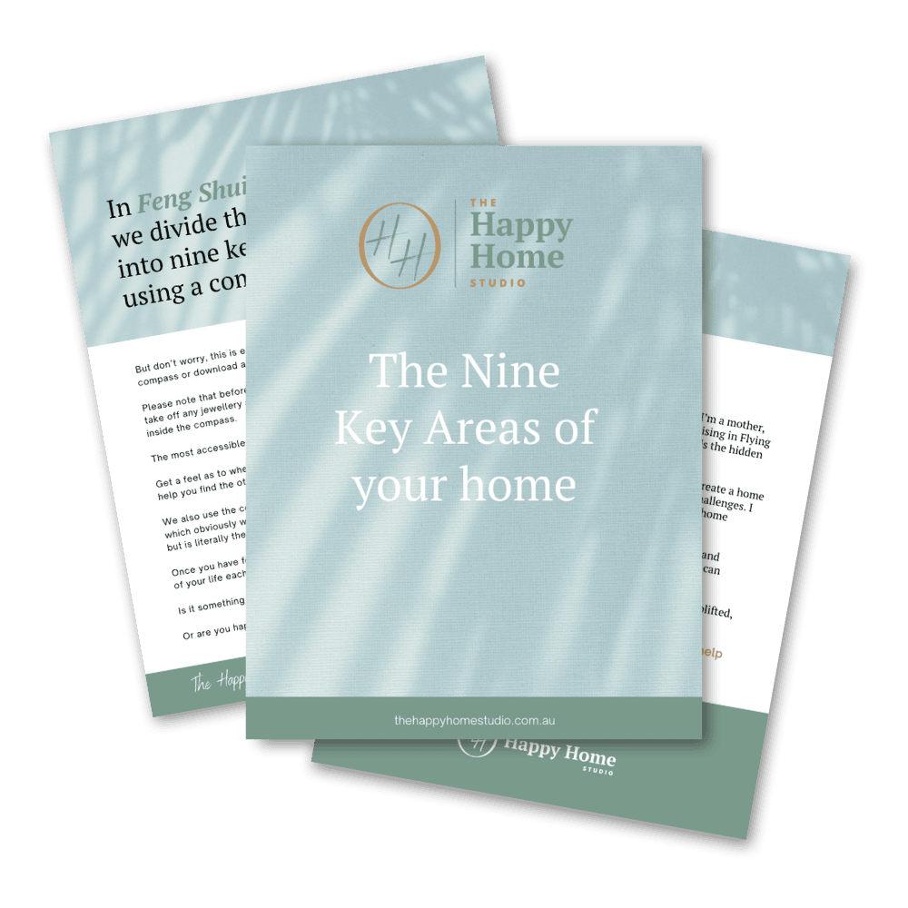 Brochure titled "The Nine Key Areas of your home" from The Happy Home Studio featuring a logo and website address.
