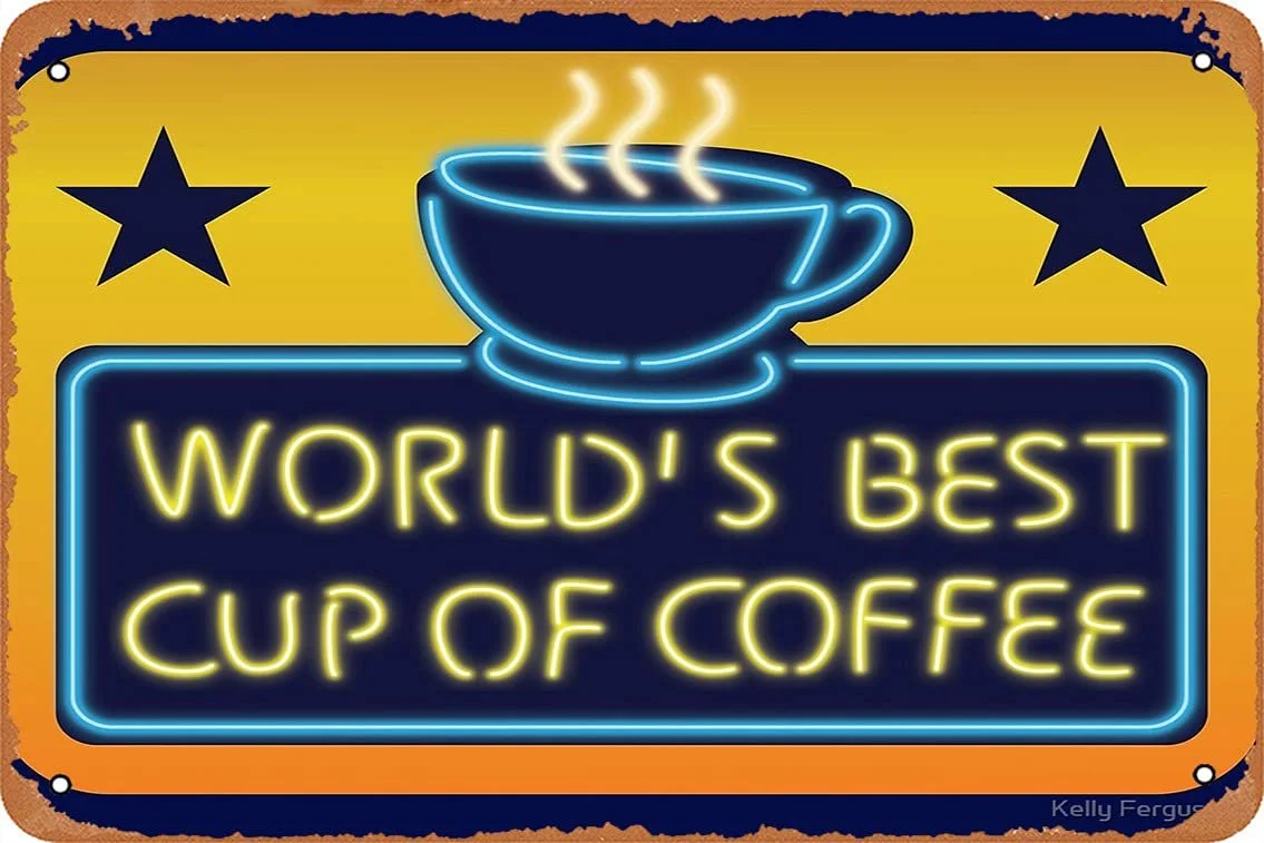 Neon sign with a steaming coffee cup and stars, reading "World's Best Cup of Coffee" in bright yellow and blue lettering.