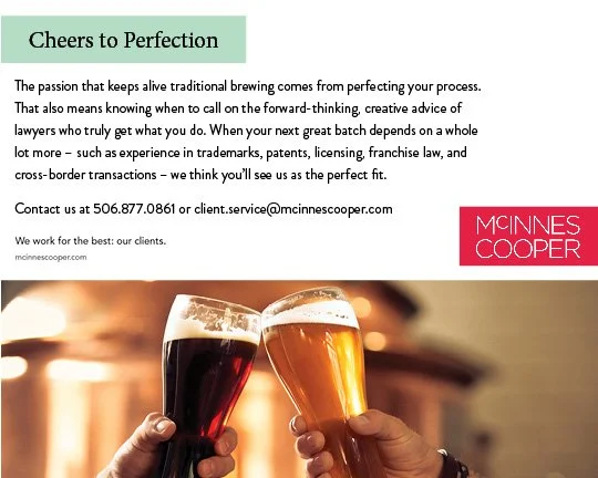 A promotional flyer for McInnes Cooper featuring a close-up of two hands clinking glasses of beer, one darker and one lighter, against a warm, blurred background. The flyer includes the slogan "Cheers to Perfection" and information about legal services offered by the firm.