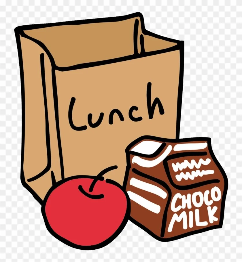 Lunch box, apple, and chocolate milk carton.