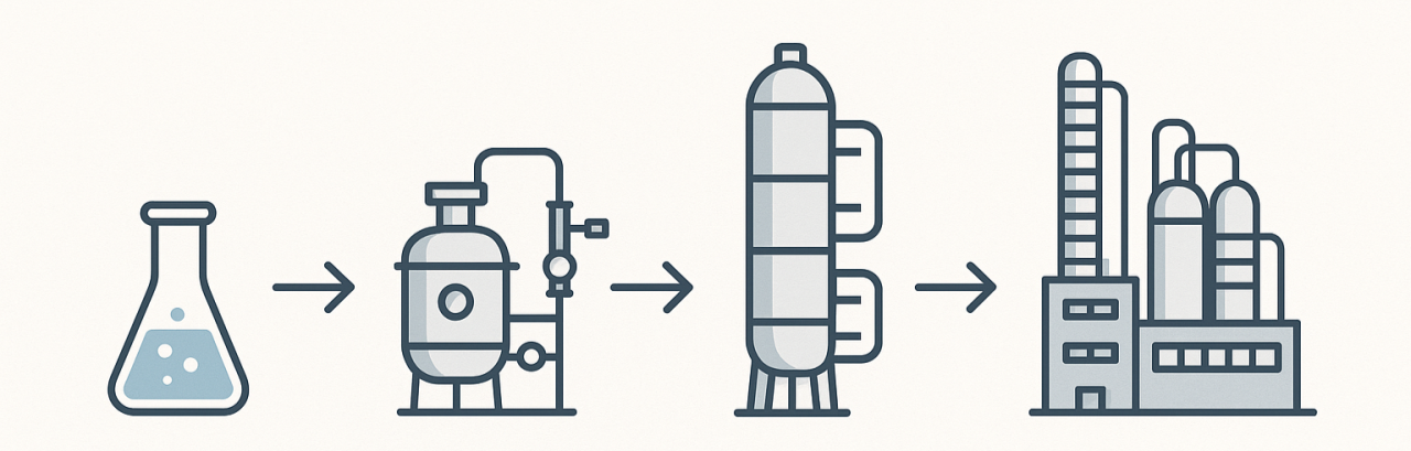 Flowchart of chemical or industrial process with beaker, reactor, distillation column, and factory.