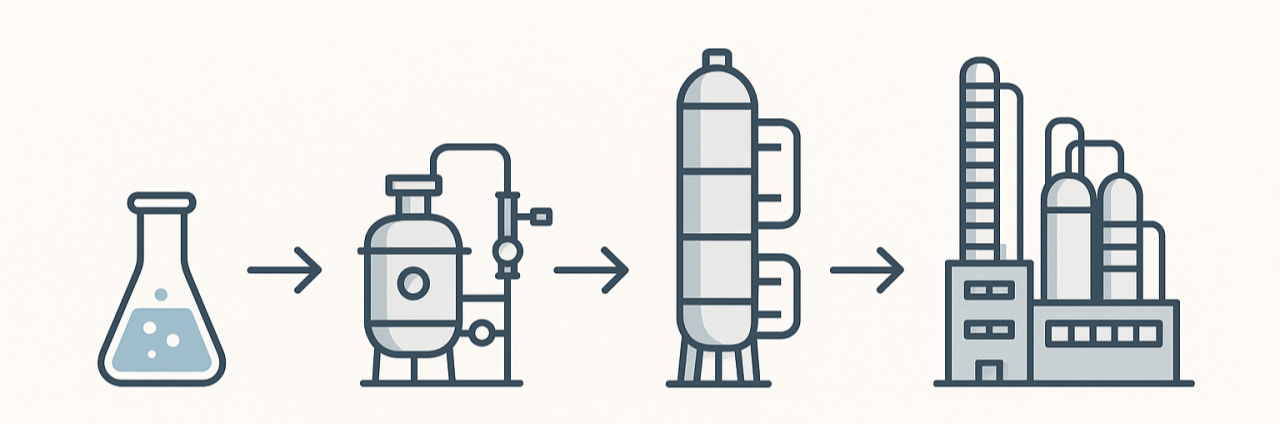 Flowchart illustrating a chemical manufacturing process from a flask to factory production.