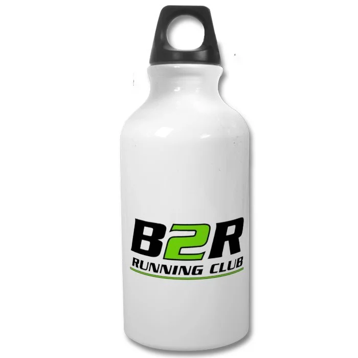 White water bottle with black cap and green and black logo for B2R Running Club.