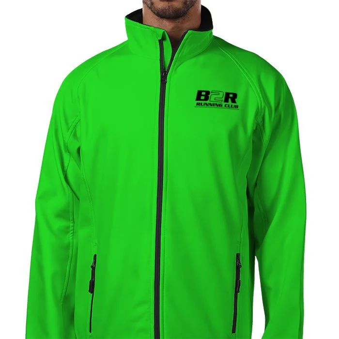 A man wearing a bright green running jacket with a black zipper and black logo on the left chest that reads 'B2R Running Club.'