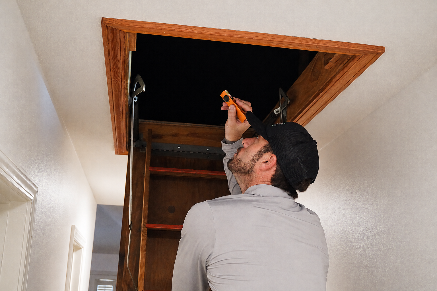 Technican checking attic to see if there are bugs.
