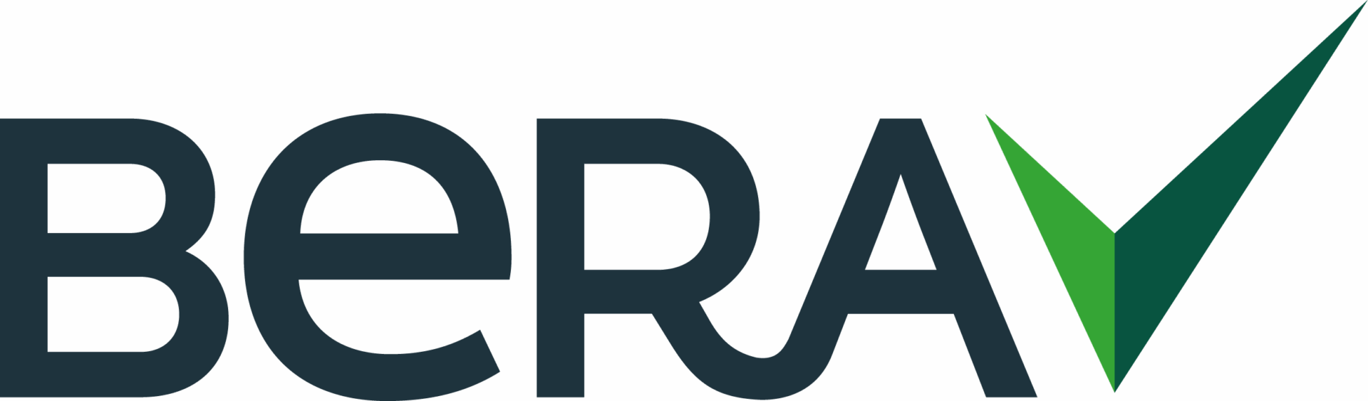 Close-up of the BERA logo in dark blue with a green triangular accent on a teal background.
