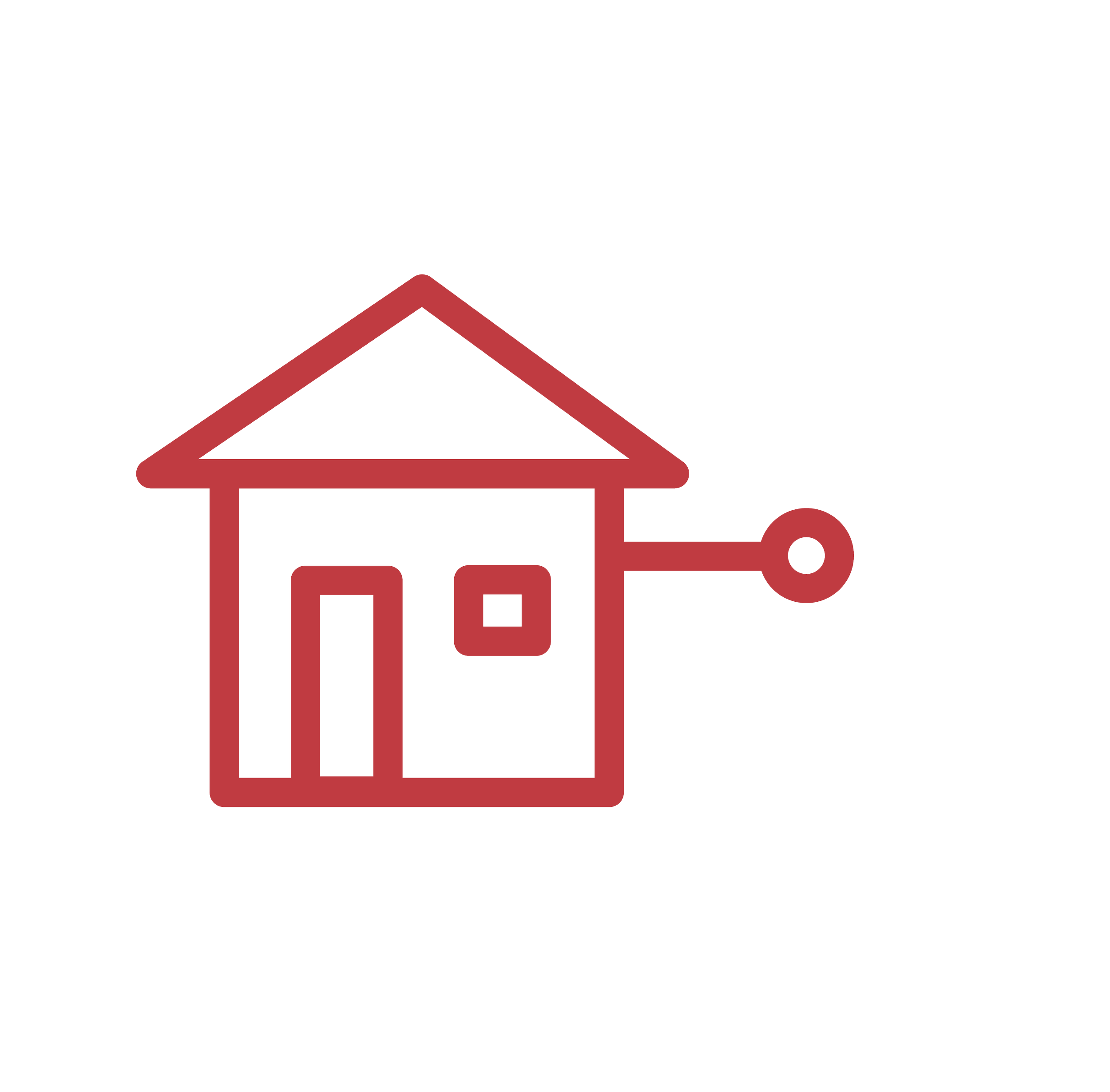 Outline of a house with a key symbol. The house has a chimney, a door, and a window.