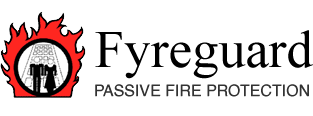Logo for Passive Fire Protection, featuring a silhouette of a person under a fire icon with flames.