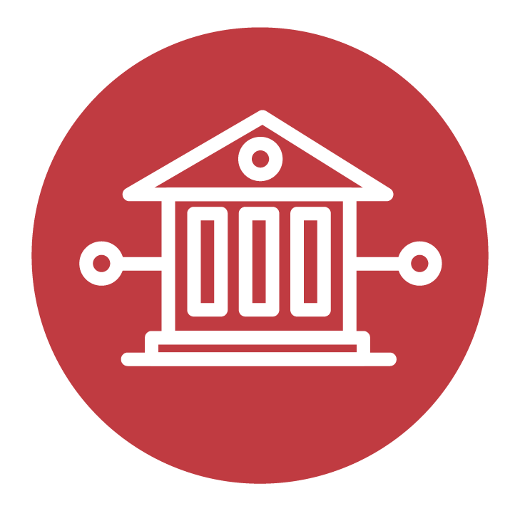 Icon of a courthouse with connected nodes on the sides, symbolizing legal or governmental network, on a red circular background.