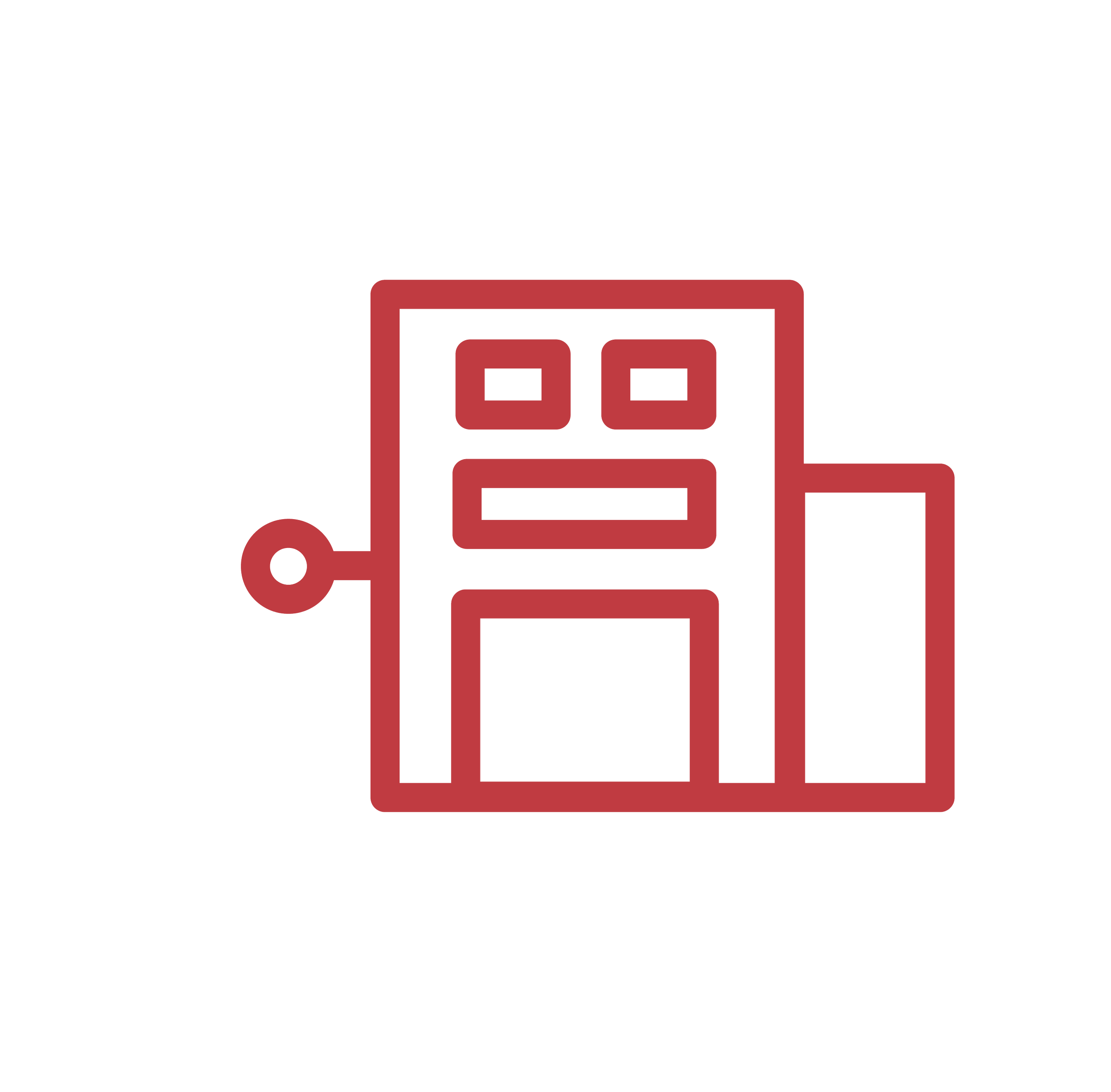 Line drawing of a commercial building, in red outline.