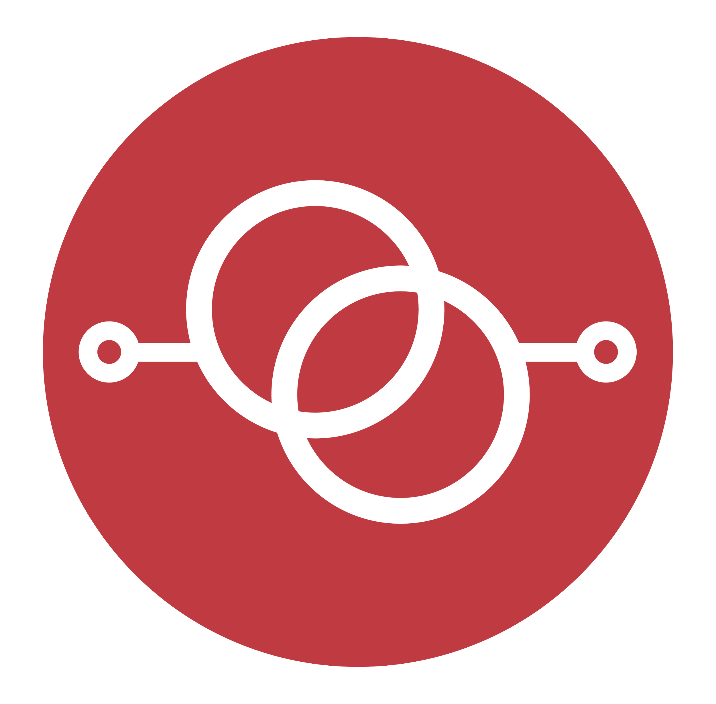 Graphic of two overlapping white rings on a red circular background with connecting lines and circles on either side, resembling a Venn diagram or interconnected rings.
