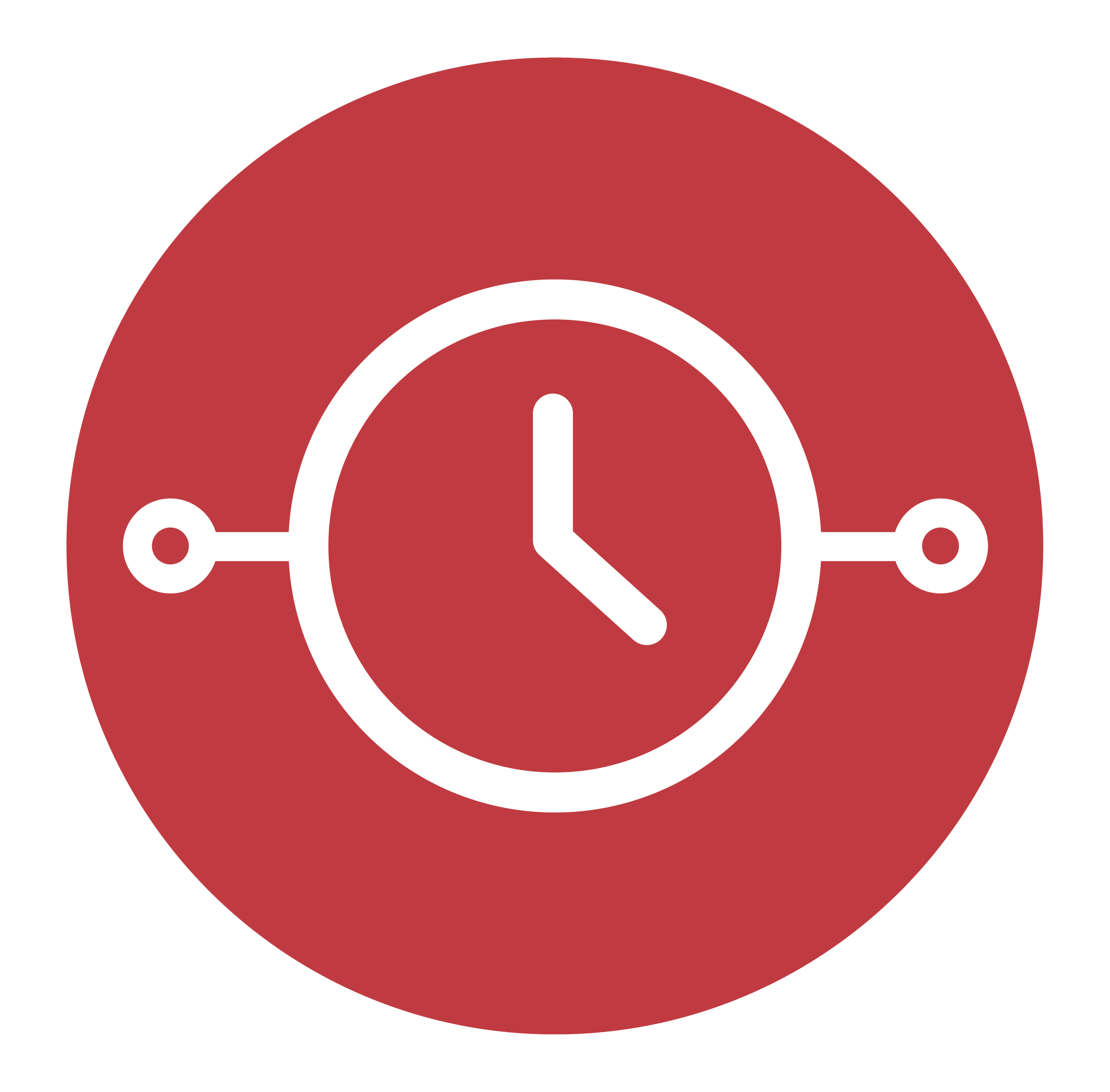 Icon of a clock with a red circular background and white outline, indicating time or schedule.