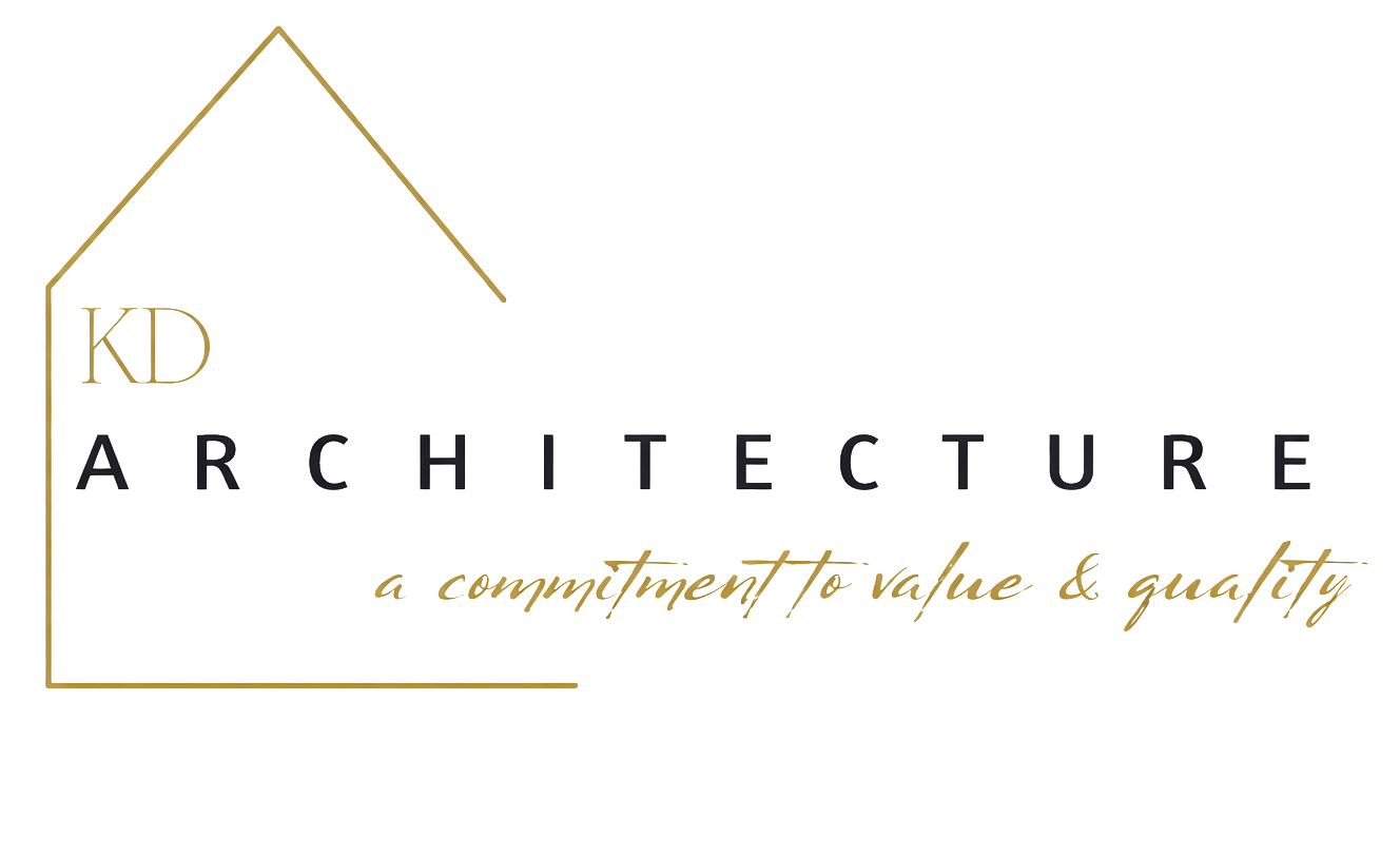 Logo for KD Architecture with a stylized house outline, the words 'KD ARCHITECTURE' and the tagline 'a commitment to value & quality' in gold cursive.