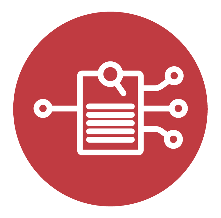 Icon of a document with lines and a magnifying glass, connected to five nodes, on a red circular background.
