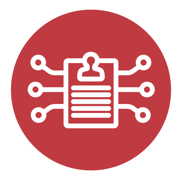 Icon of a person profile on a document with connecting lines to circles, representing data or network connections, on a red circular background.