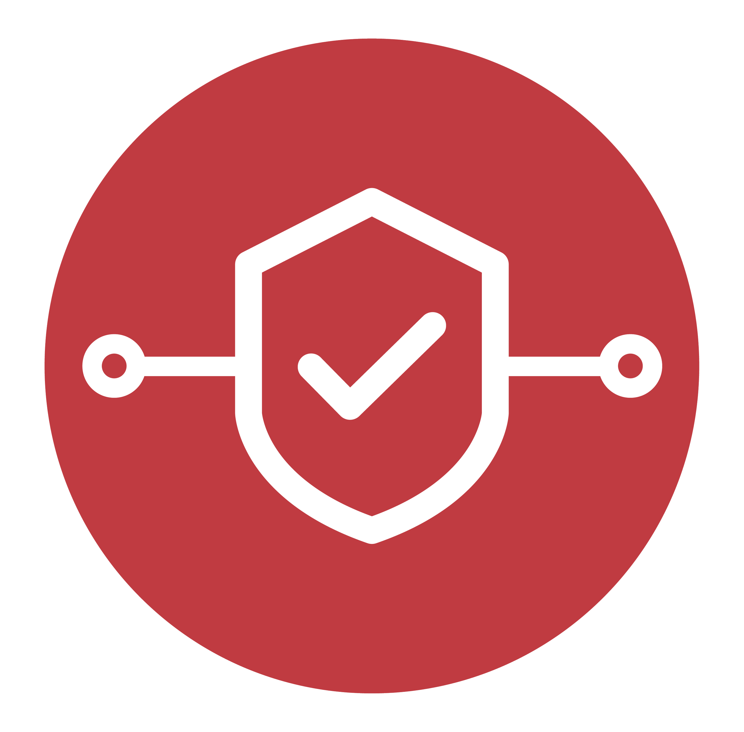 Icon of a security shield with a checkmark in the center and connected lines on each side, representing cybersecurity or protection.