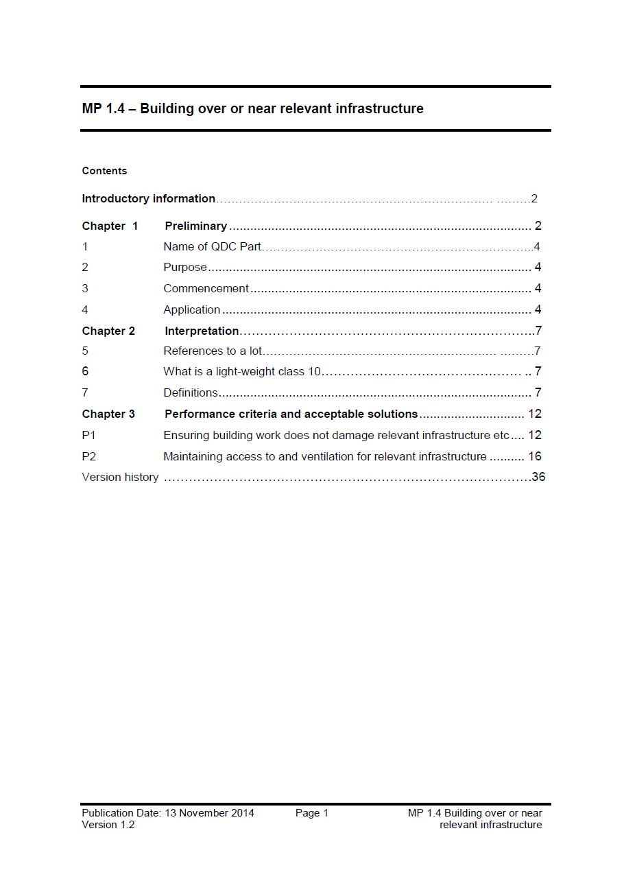 Table of contents from a technical document titled 'MP 1.4 – Building over or near relevant infrastructure', listing chapters and sections about infrastructure safety, interpretation, performance criteria, and solutions.