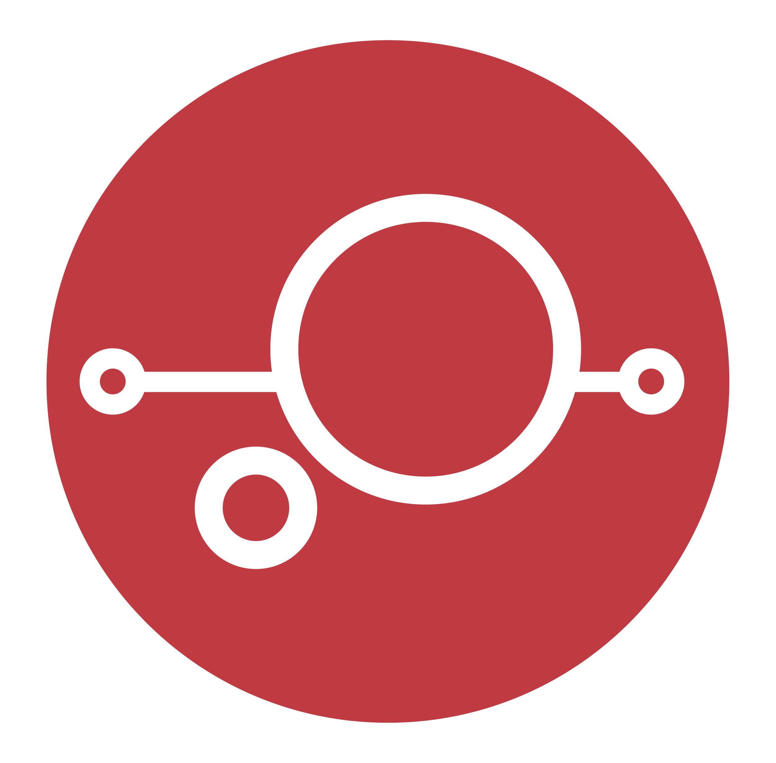 Graphic icon of a molecule or network with circles connected by lines on a red background.
